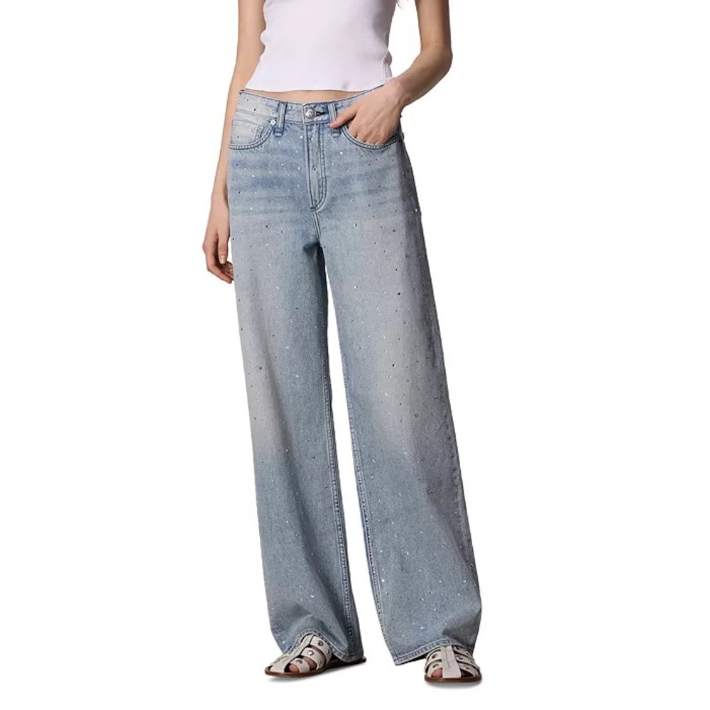 NEW RAG & BONE Logan Wide Leg Jeans in Missy With Rhinestone Jewel sz 29 $358 - Picture 2 of 12